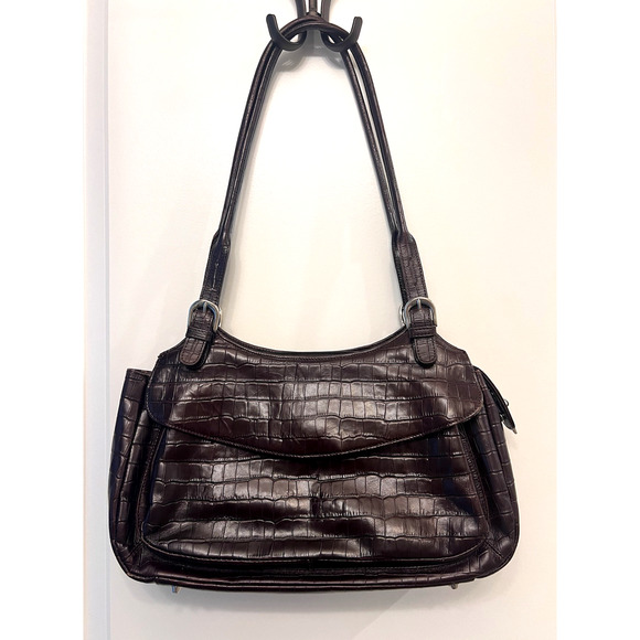 MAXX NEW YORK Designer Women's VTG Burgundy Red Croc Leather Shoulder Handbag - Picture 1 of 11